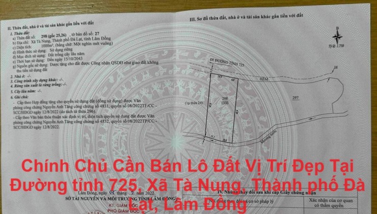 Chính Chủ Cần Bán Lô Đất Vị Trí Đẹp Tại Đường tỉnh 725, Xã Tà Nung, Thành phố Đà Lạt, Lâm Đồng